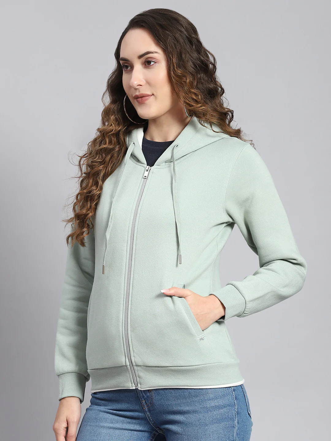 Women Green Embroidered Hooded Full Sleeve Sweatshirts - Image 3