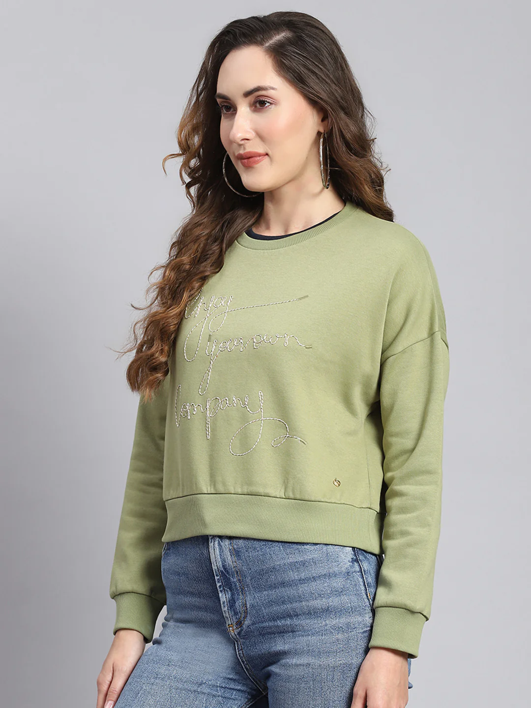 Women Green Embroidered Round Neck Full Sleeve Sweatshirts - Image 3