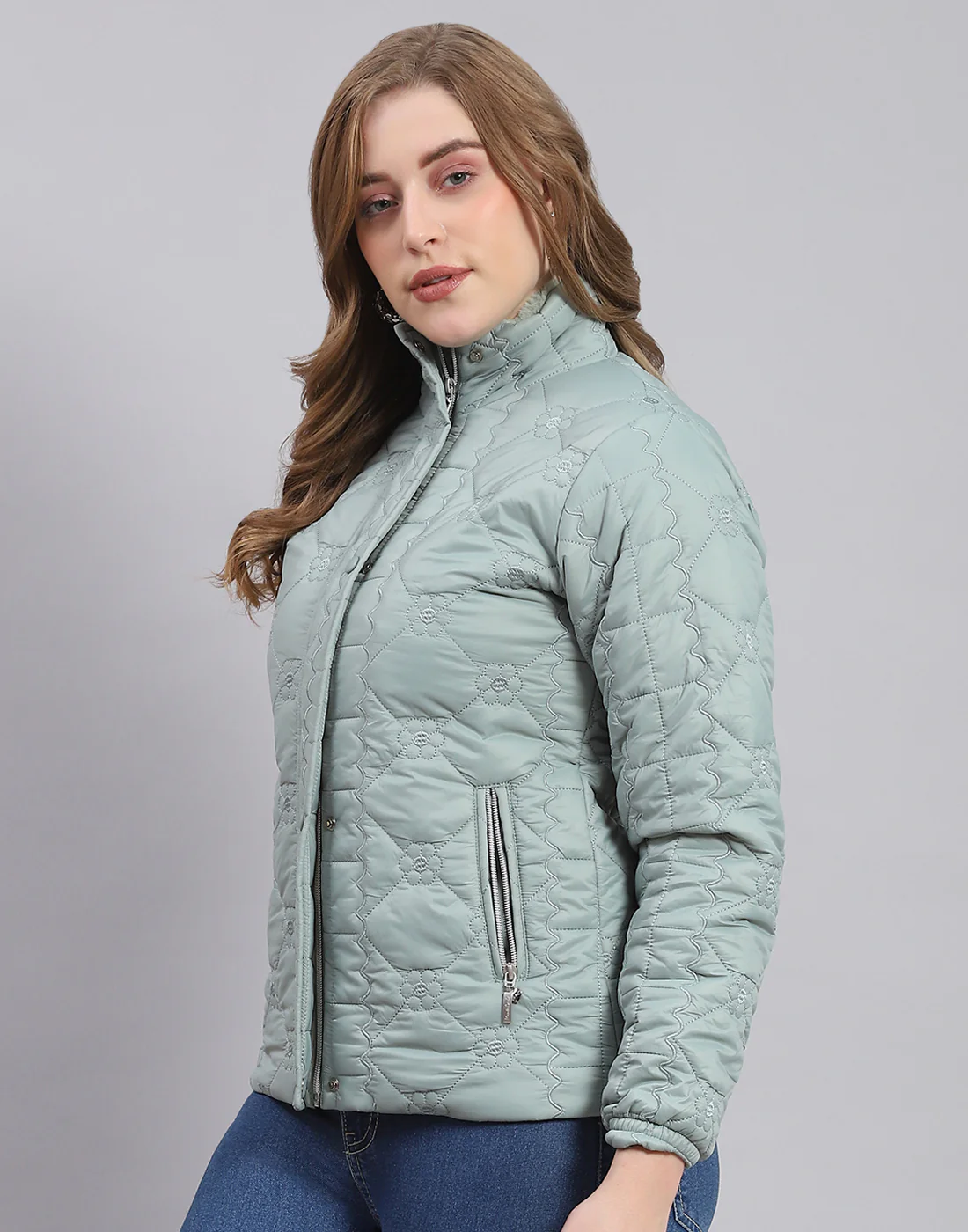 Women Green Embroidered Stand Collar Full Sleeve Jacket - Image 3