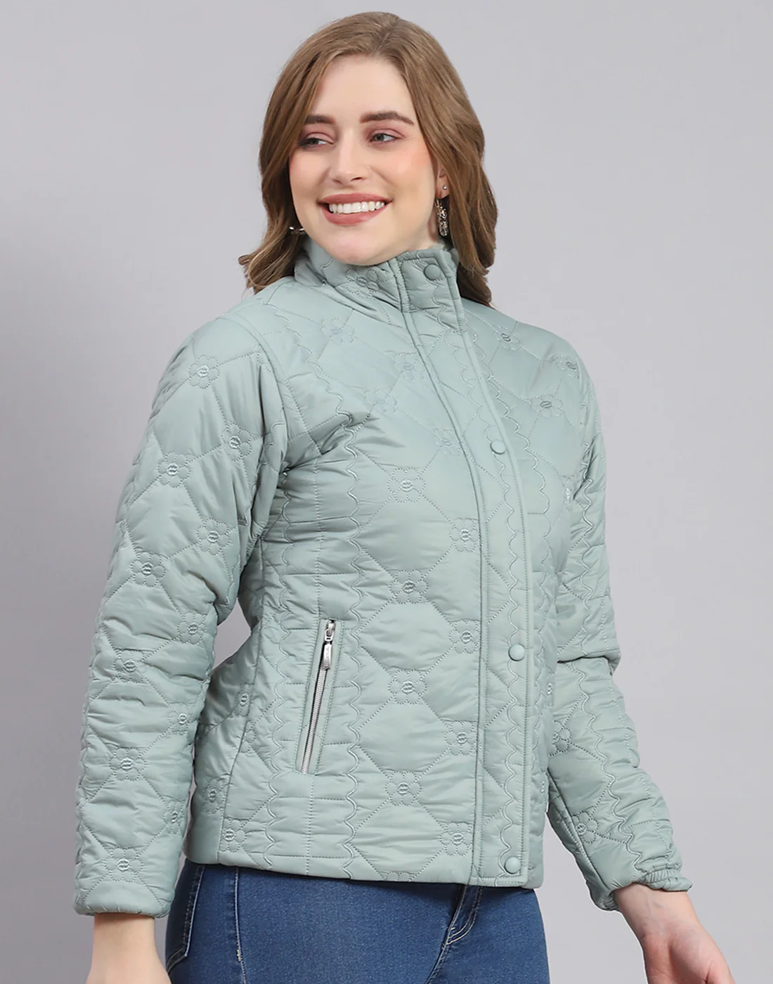 Women Green Embroidered Stand Collar Full Sleeve Jacket - Image 4