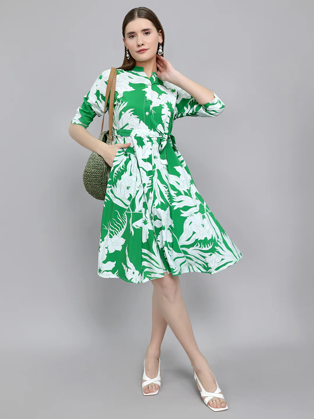 Women Green Floral Print Henley Neck 3/4th Sleeve Tunic - Image 6