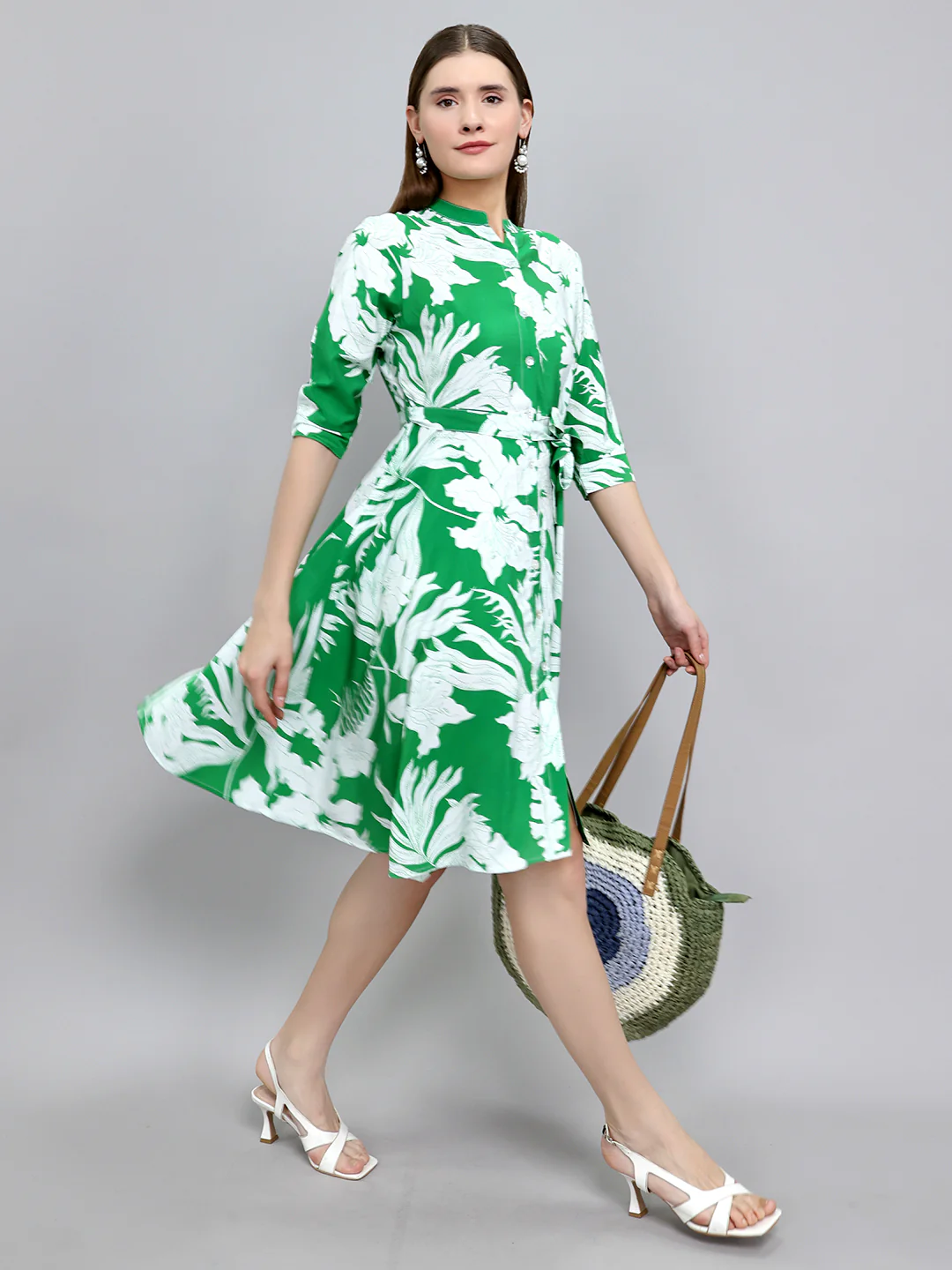 Women Green Floral Print Henley Neck 3/4th Sleeve Tunic - Image 7