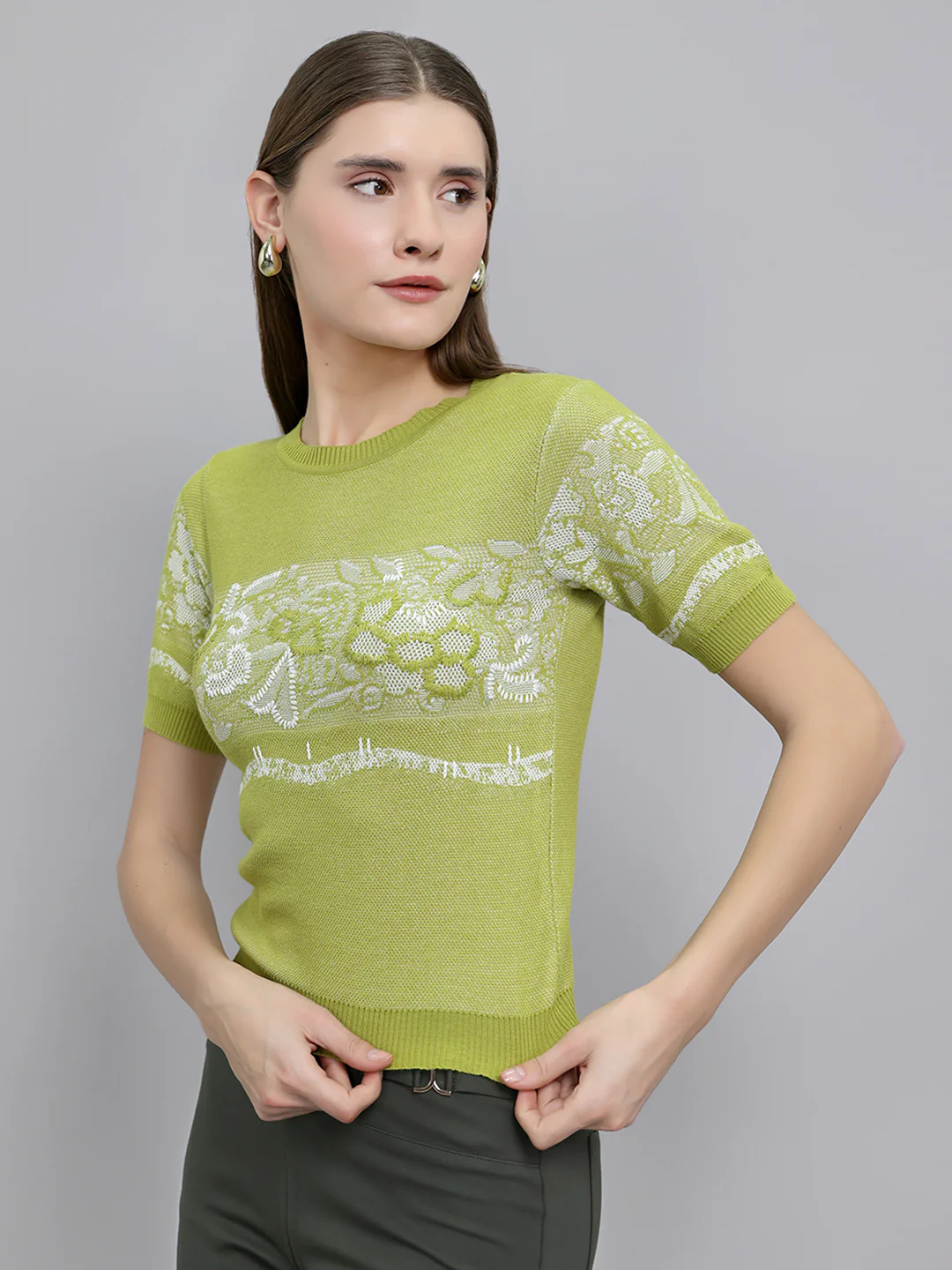 Women Green Jacquard Round Neck Half Sleeve Top - Image 2