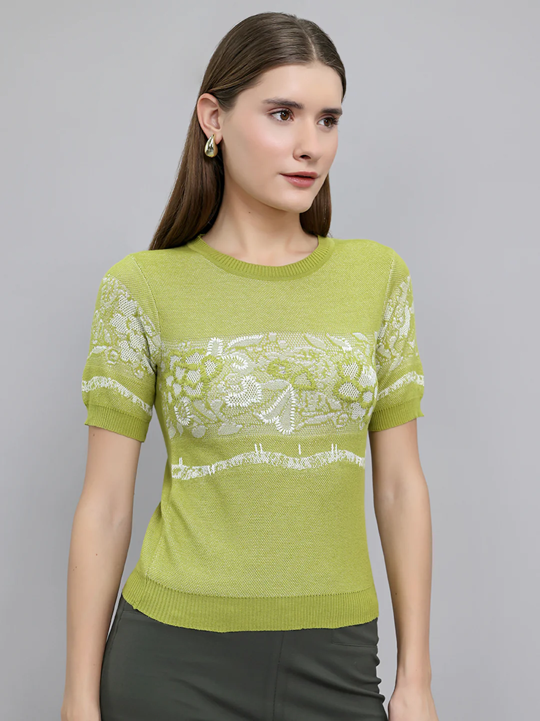 Women Green Jacquard Round Neck Half Sleeve Top - Image 3