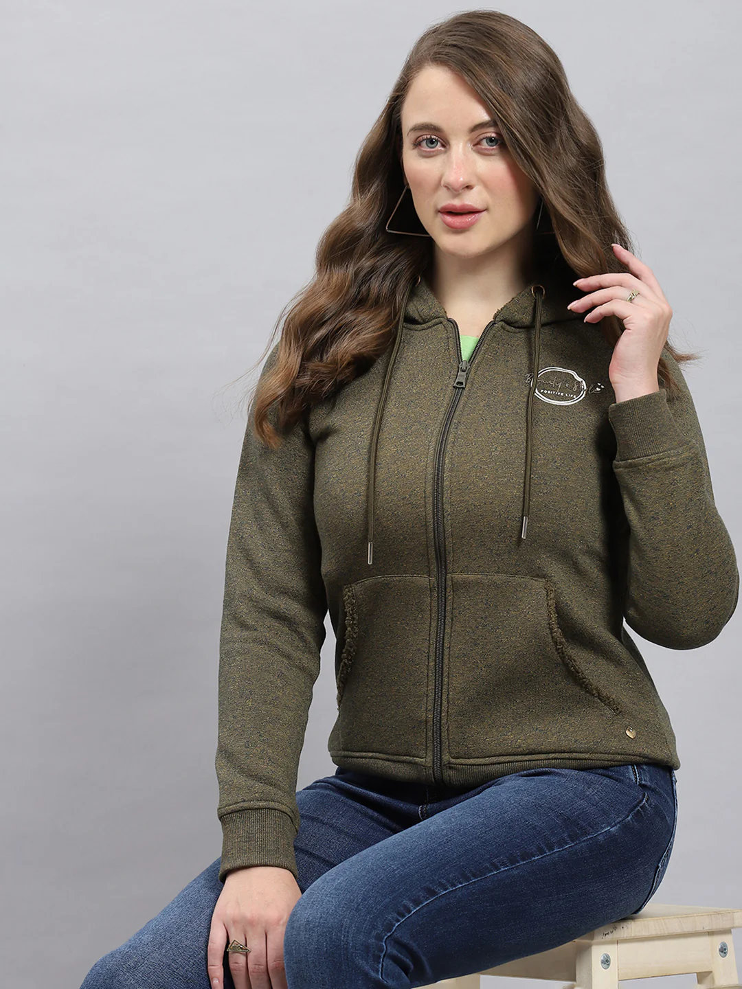 Women Green Jaquard Hooded Full Sleeve Sweatshirt - Image 6