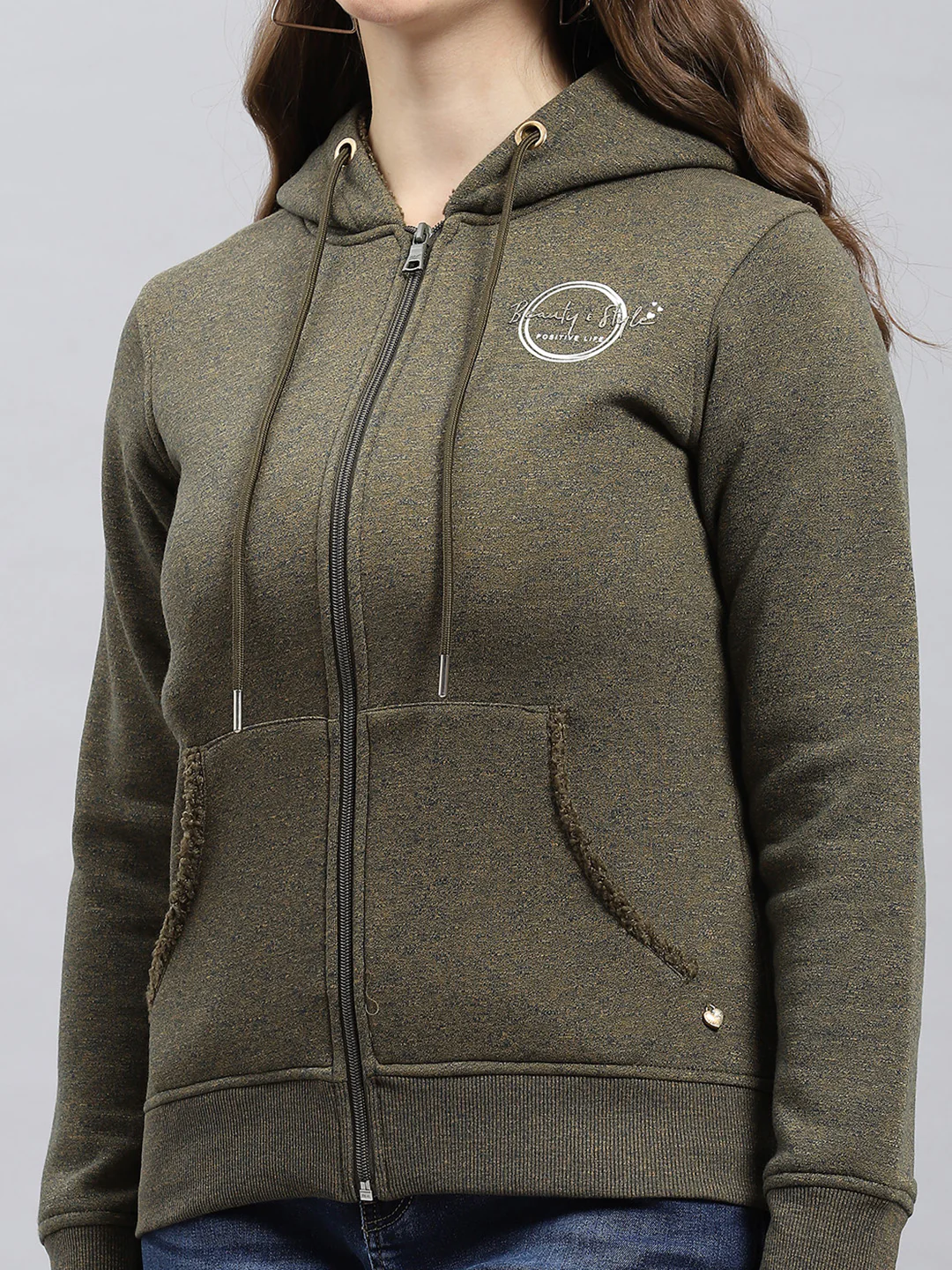 Women Green Jaquard Hooded Full Sleeve Sweatshirt - Image 7