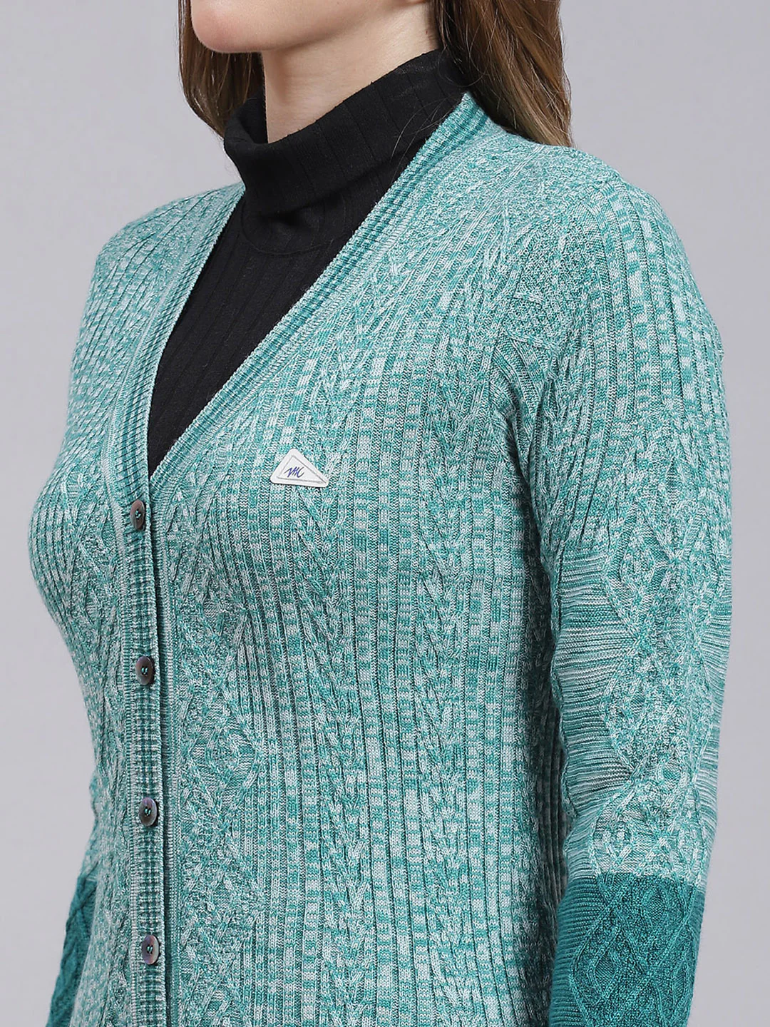 Women Green Jaquard Wool blend Cardigan - Image 6
