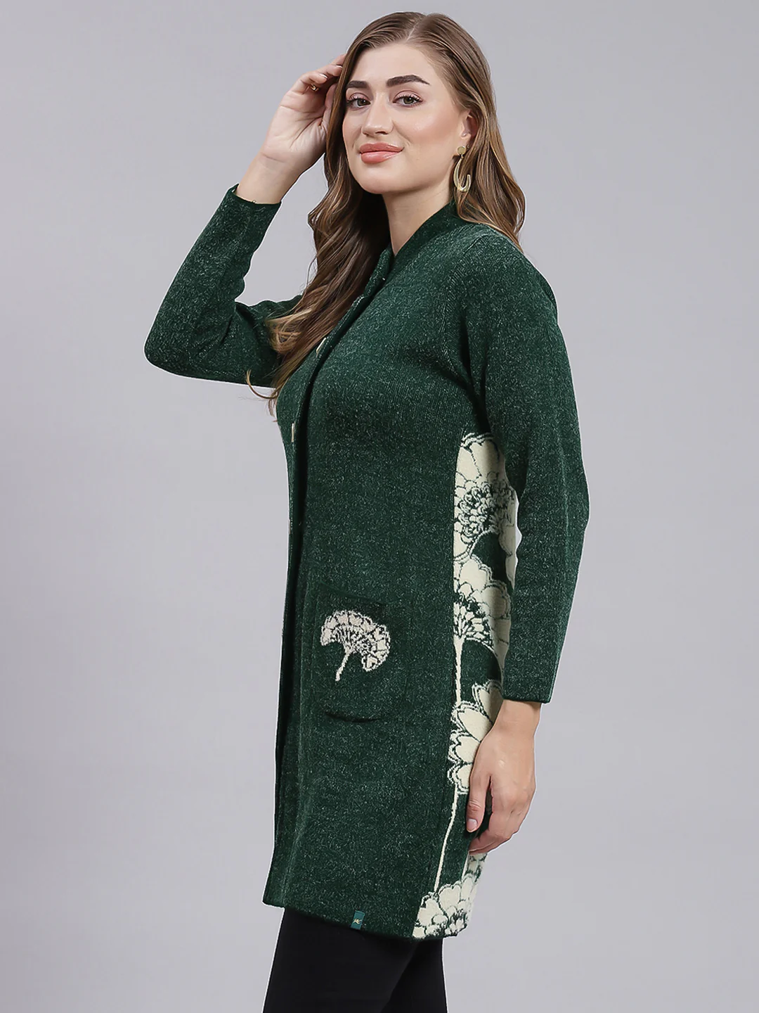 Women Green Jaquard Wool blend Knitted Coat - Image 3