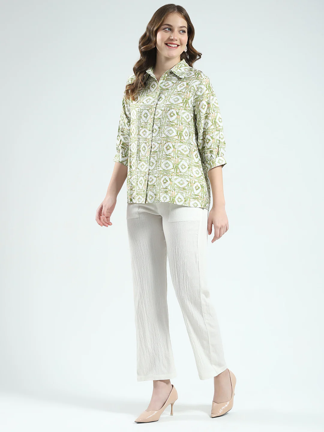 Women Green Printed Collar 3/4th Sleeve Cords Set - Image 4