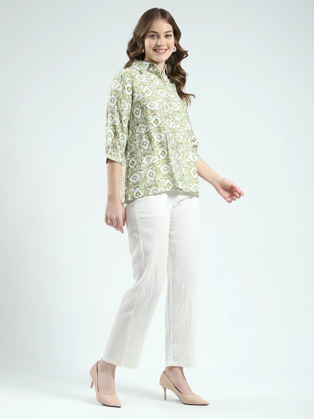 Women Green Printed Collar 3/4th Sleeve Cords Set - Image 5