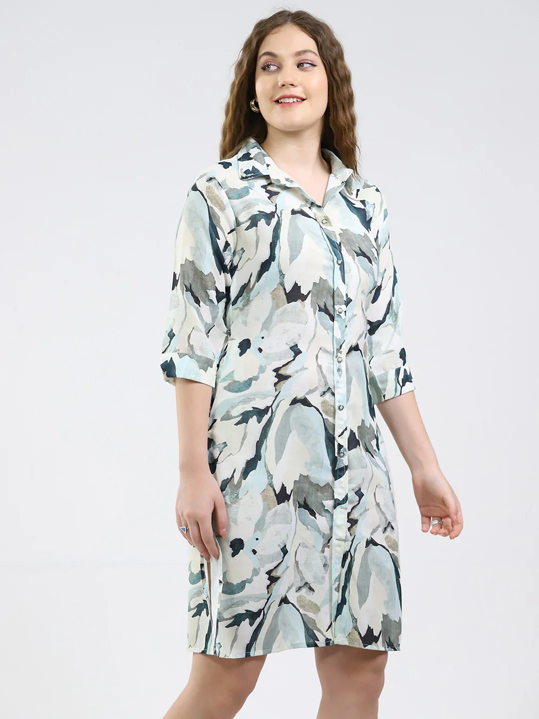 Women Green Printed Collar 3/4th Sleeve Dress - Image 6