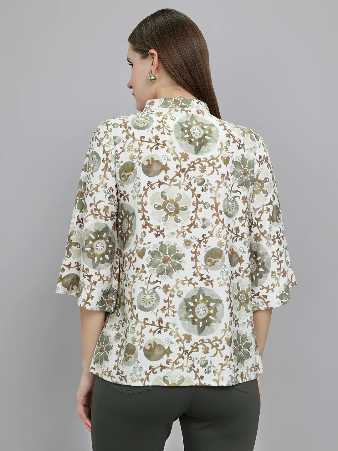Women Green Printed Collar 3/4th Sleeve Top - Image 4