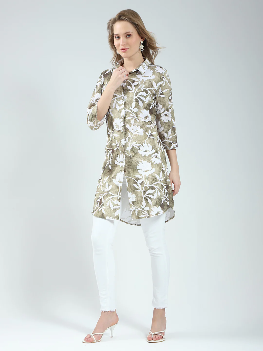 Women Green Printed Collar 3/4th Sleeve Tunic - Image 3