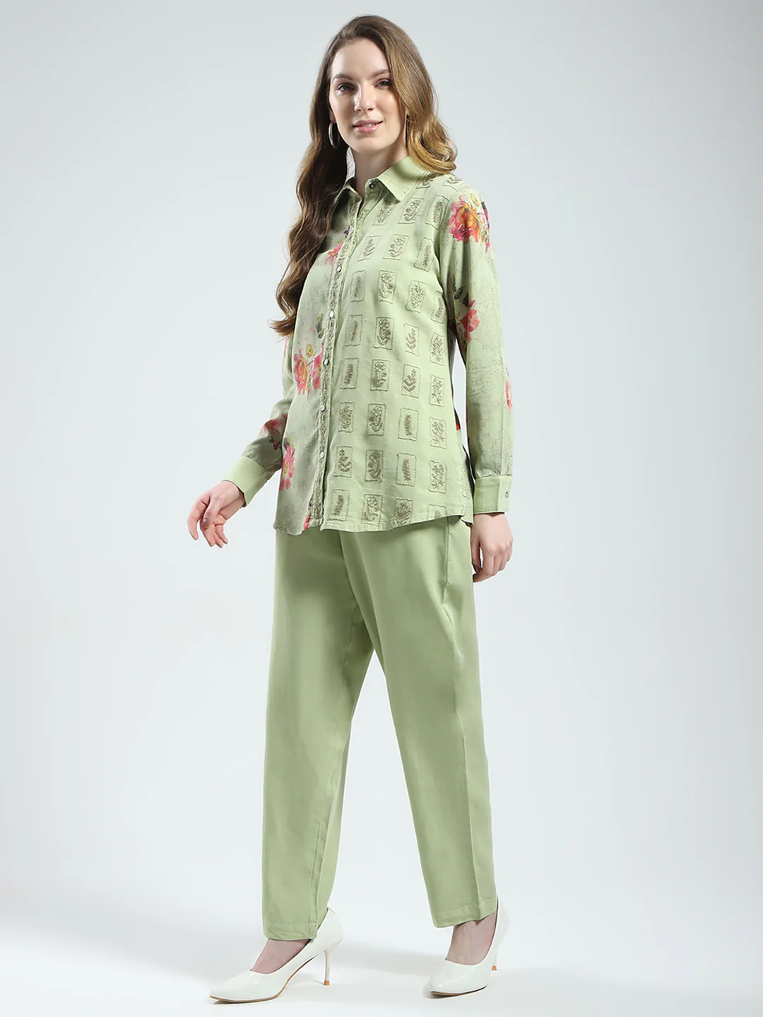 Women Green Printed Collar Full Sleeve Cords Set - Image 5