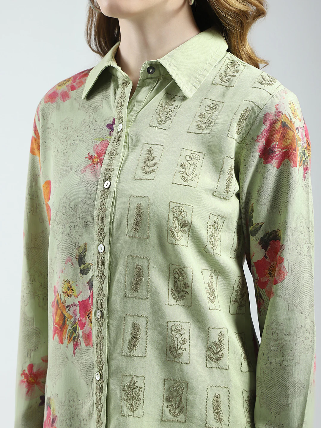 Women Green Printed Collar Full Sleeve Cords Set - Image 7