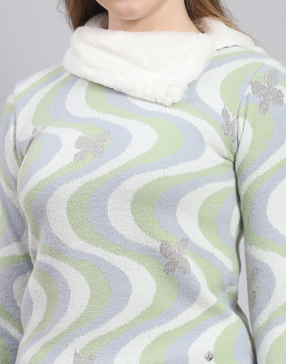 Women Green Printed Collar Full Sleeve Sweatshirt - Image 7