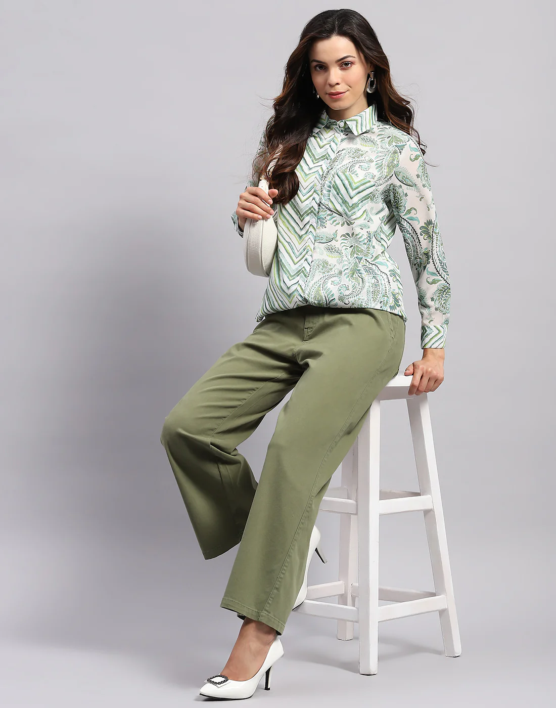 Women Green Printed Collar Full Sleeve Top - Image 2