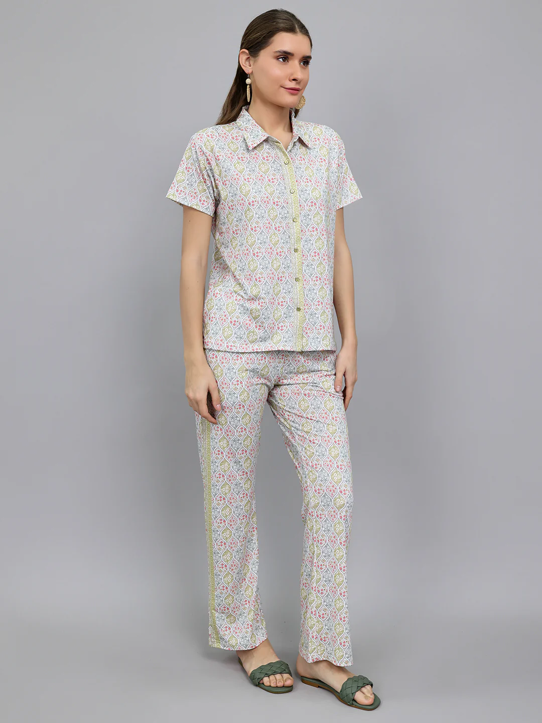 Women Green Printed Collar Half Sleeve Lower Set - Image 3