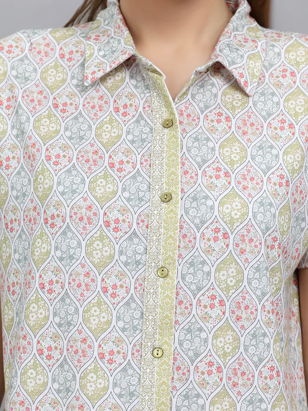 Women Green Printed Collar Half Sleeve Lower Set - Image 5