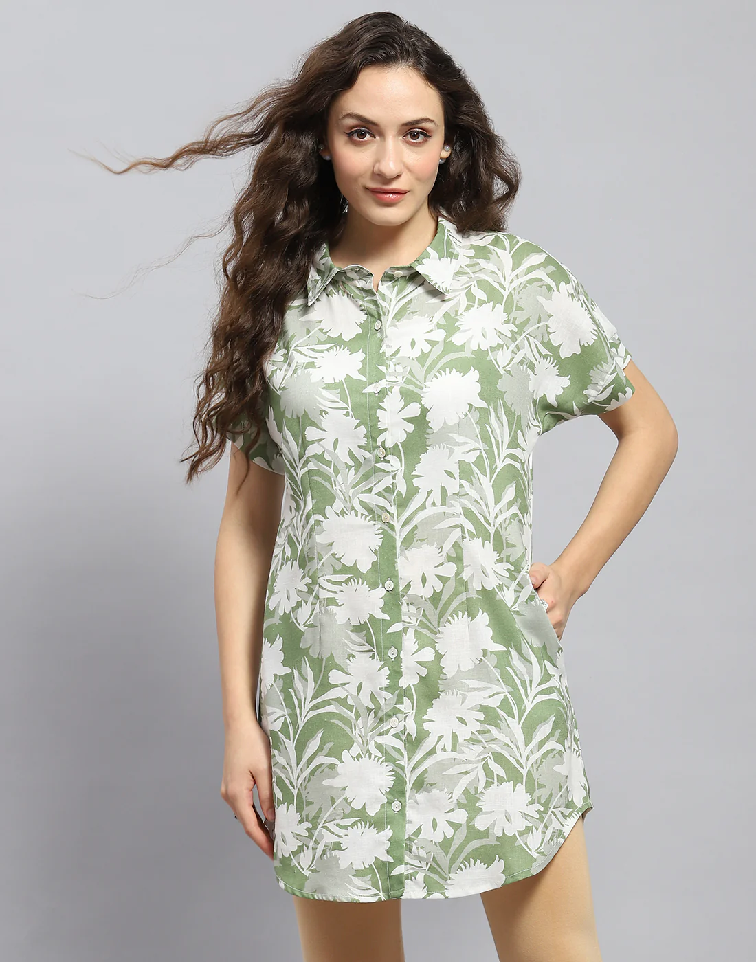 Women Green Printed Collar Half Sleeve Tunic - Image 3