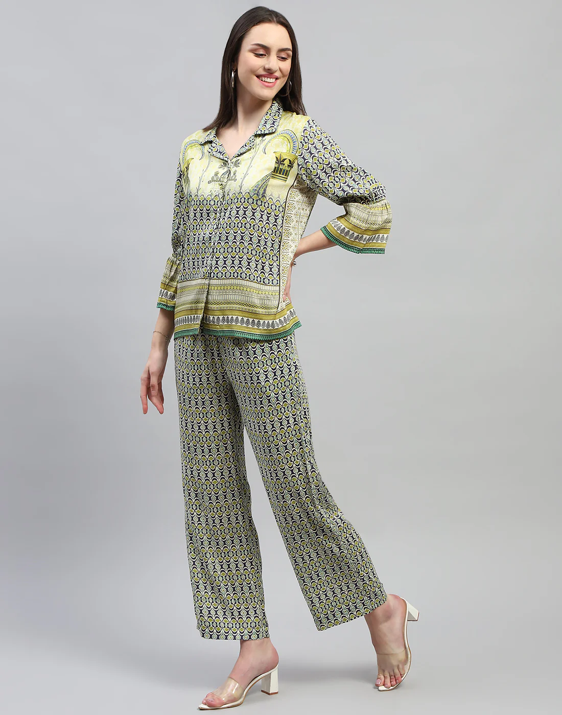 Women Green Printed Collar Neck 3/4 Sleeve Lower Set - Image 3