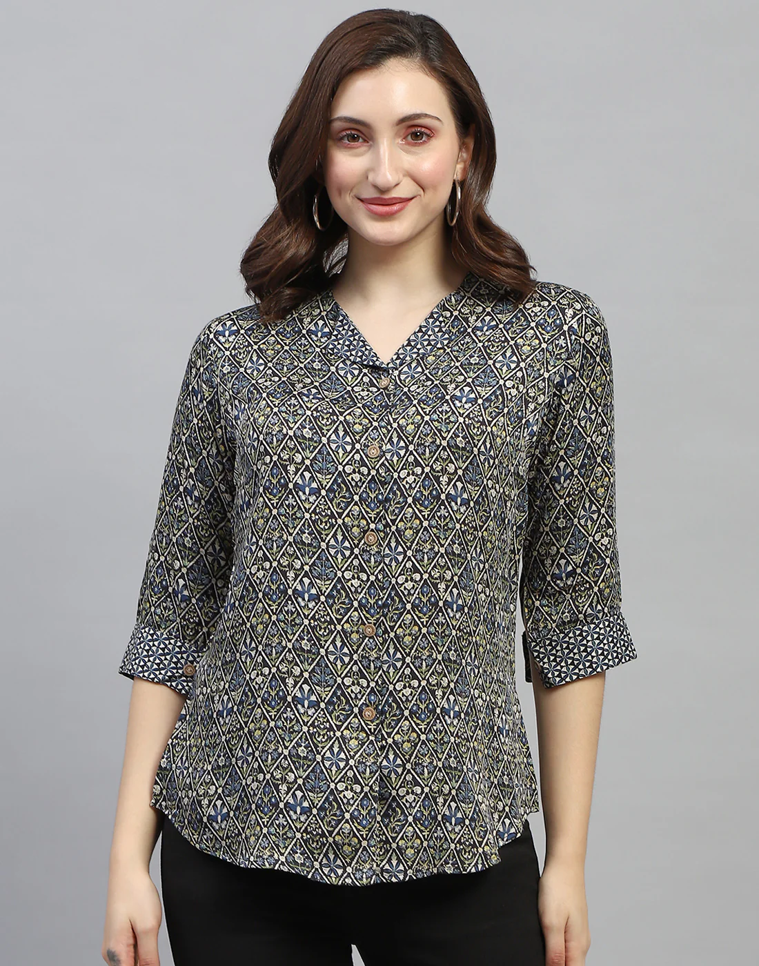 Women Green Printed Collar Neck 3/4 Sleeve Top