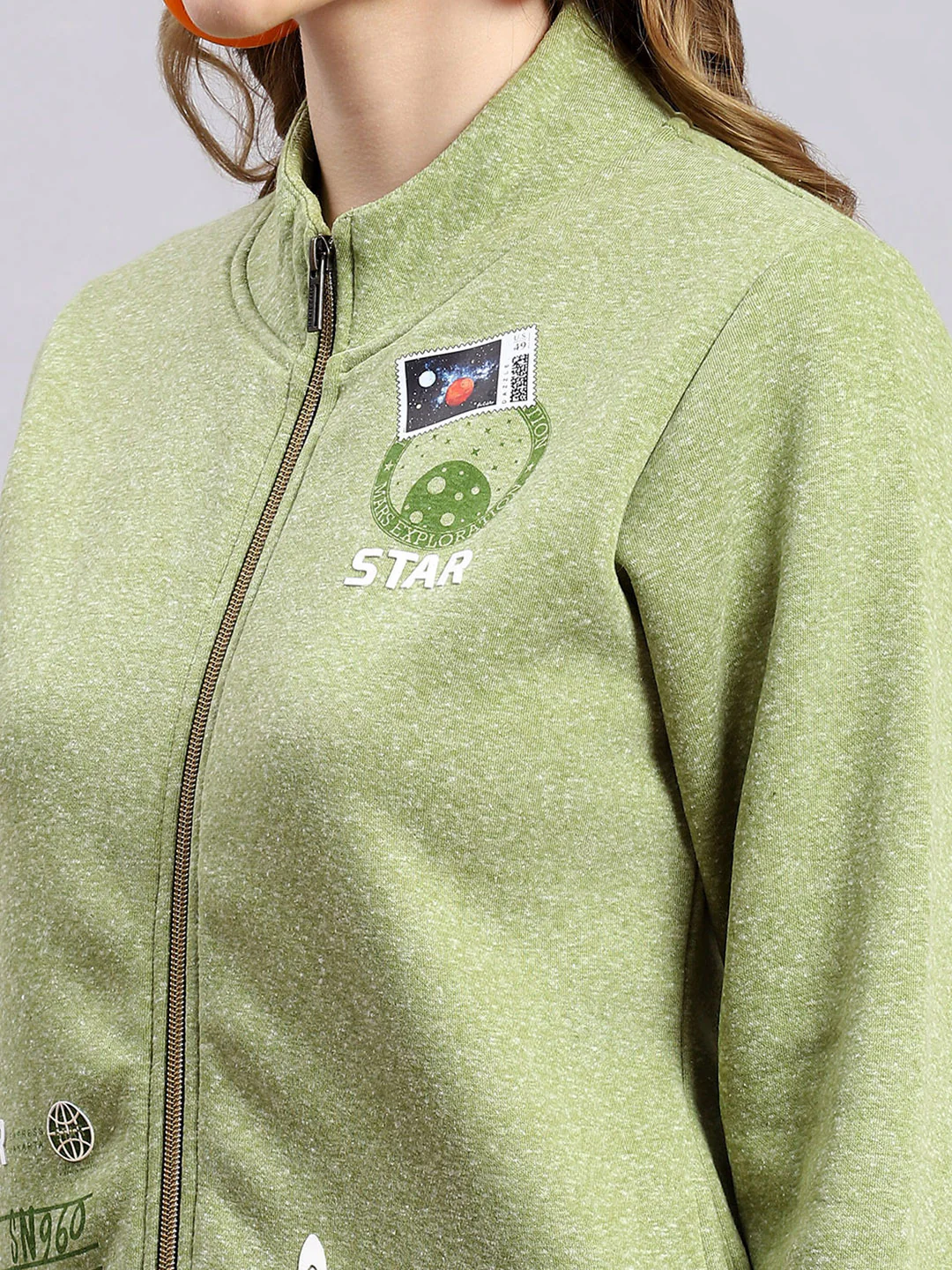 Women Green Printed F Neck Full Sleeve Sweatshirts - Image 7