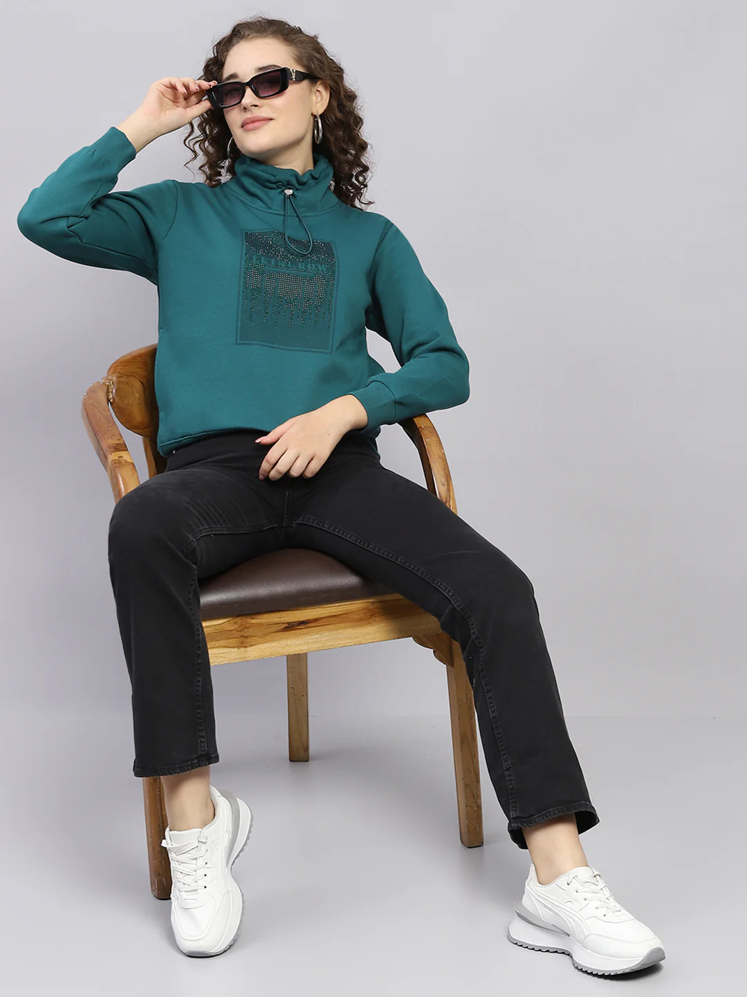 Women Green Printed High Neck Full Sleeve Sweatshirt - Image 2