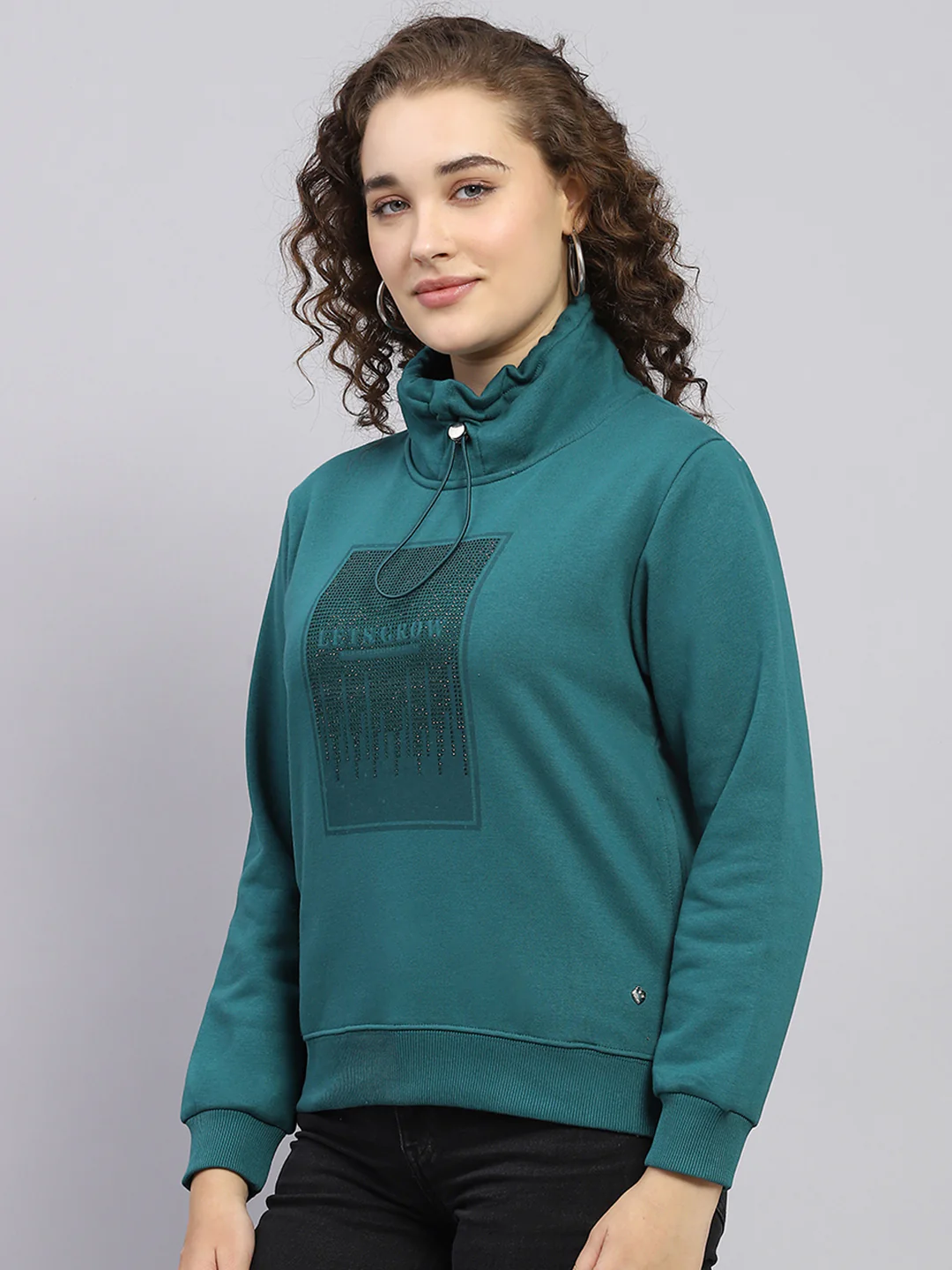 Women Green Printed High Neck Full Sleeve Sweatshirt - Image 3