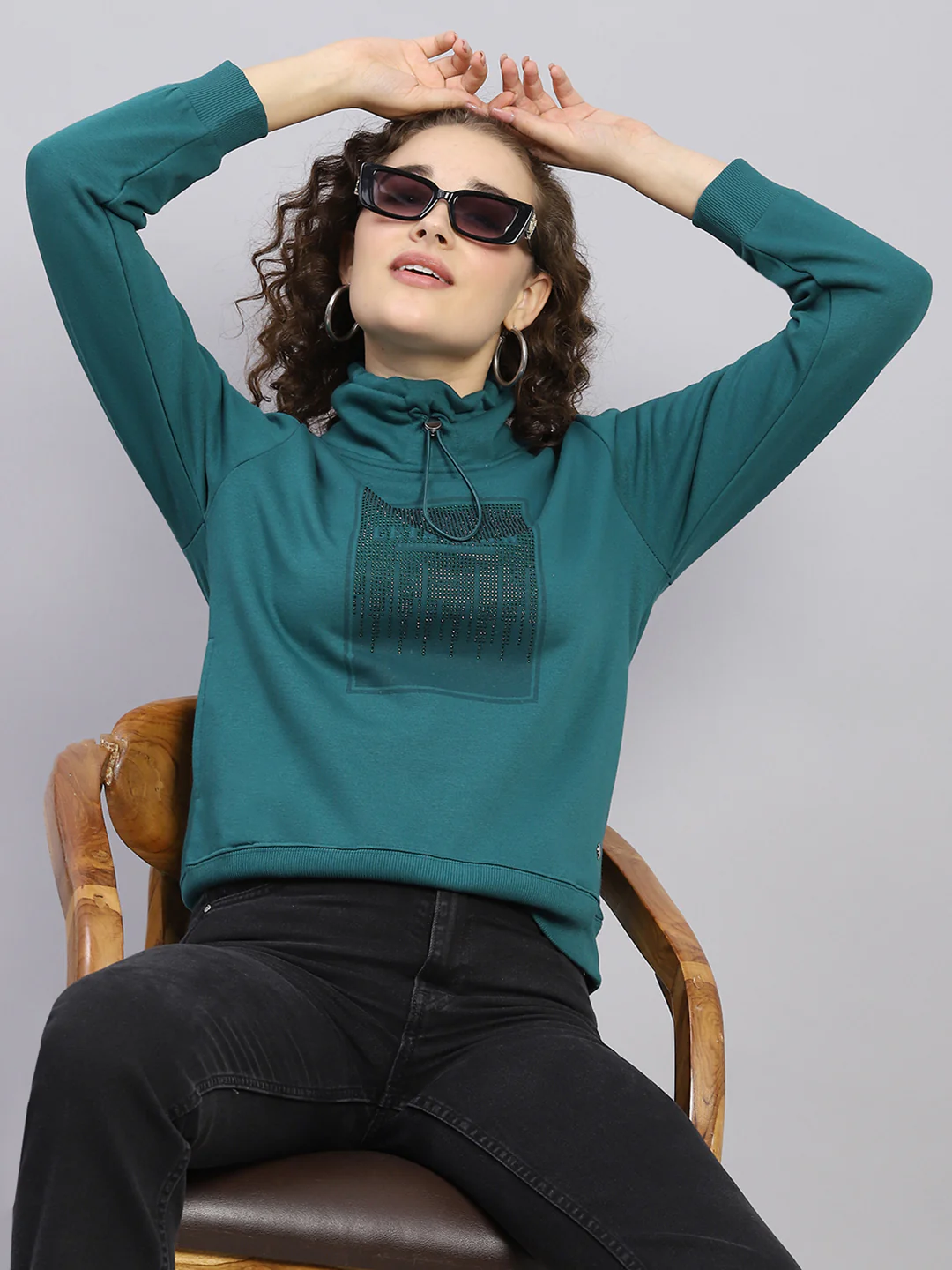 Women Green Printed High Neck Full Sleeve Sweatshirt - Image 6