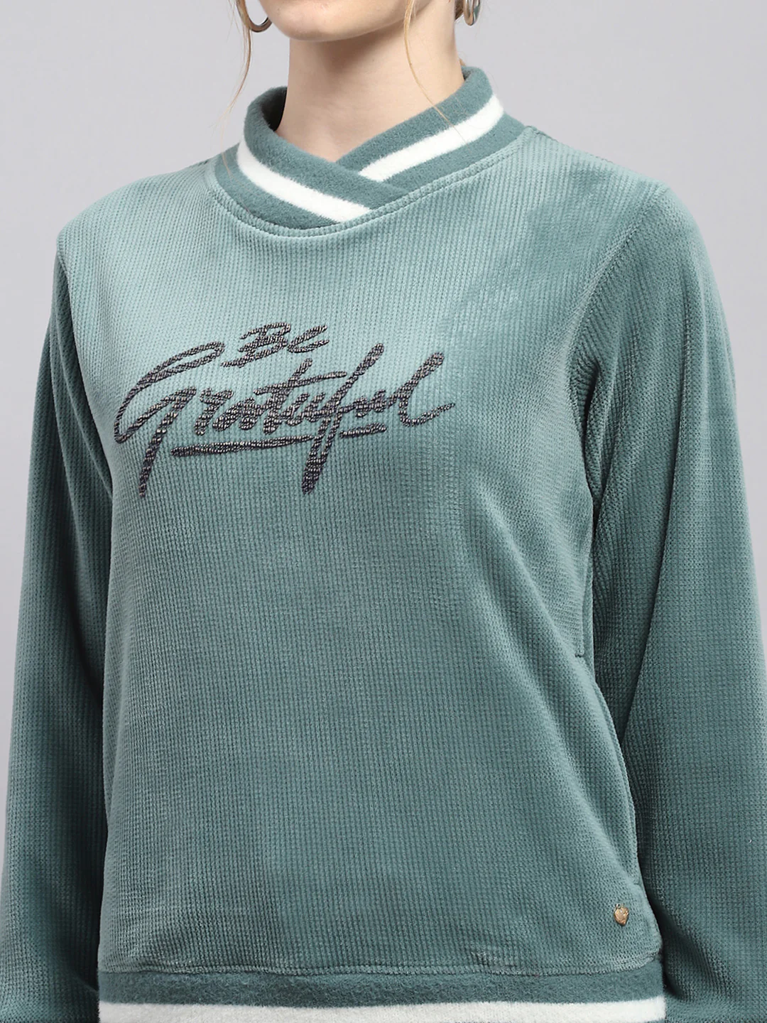 Women Green Printed High Neck Full Sleeve Sweatshirt - Image 6