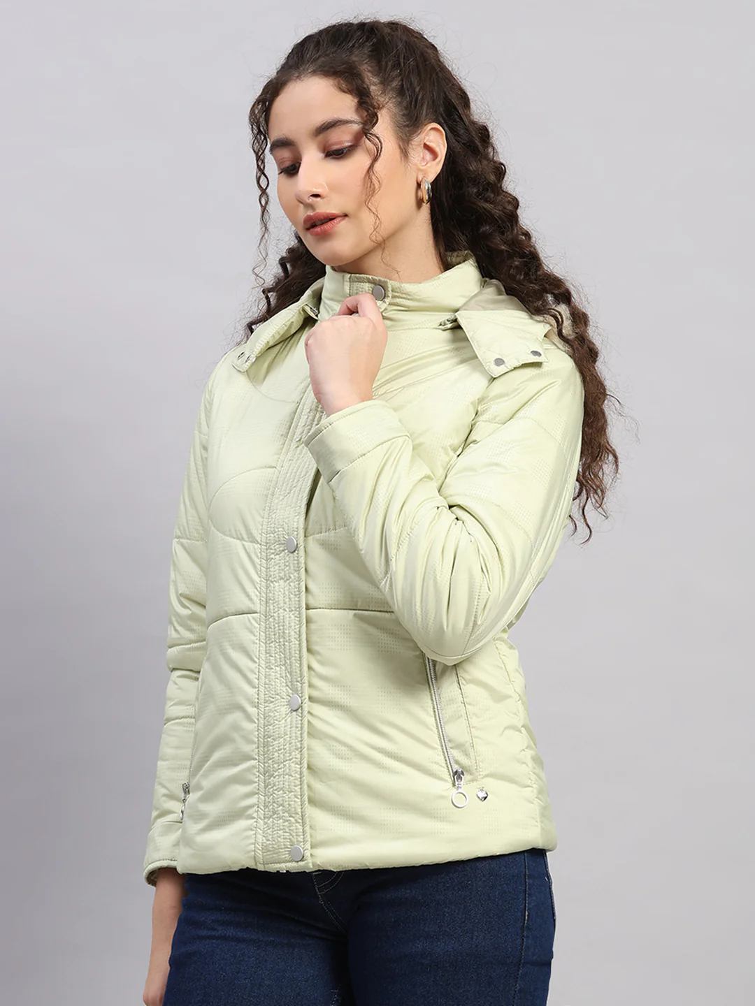 Women Green Printed Hooded Full Sleeve Jacket - Image 3