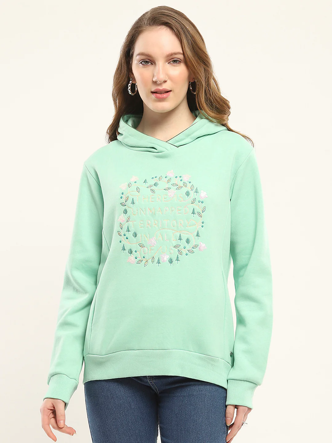 Women Green Printed Hooded Full Sleeve Sweatshirt