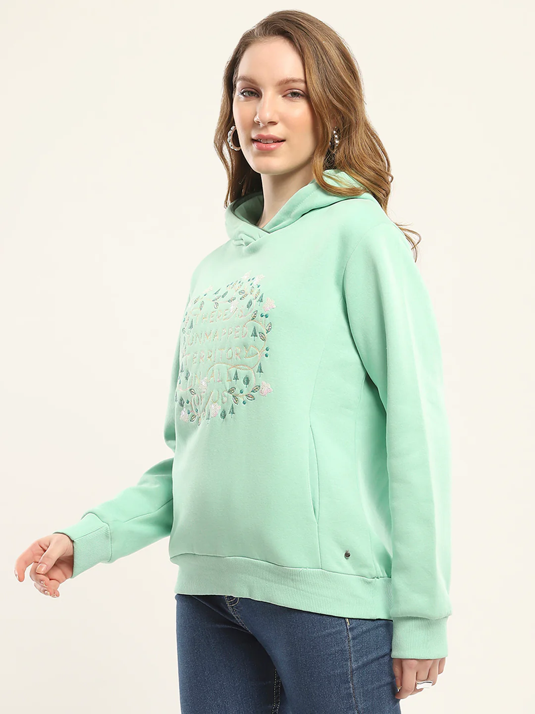 Women Green Printed Hooded Full Sleeve Sweatshirt - Image 3
