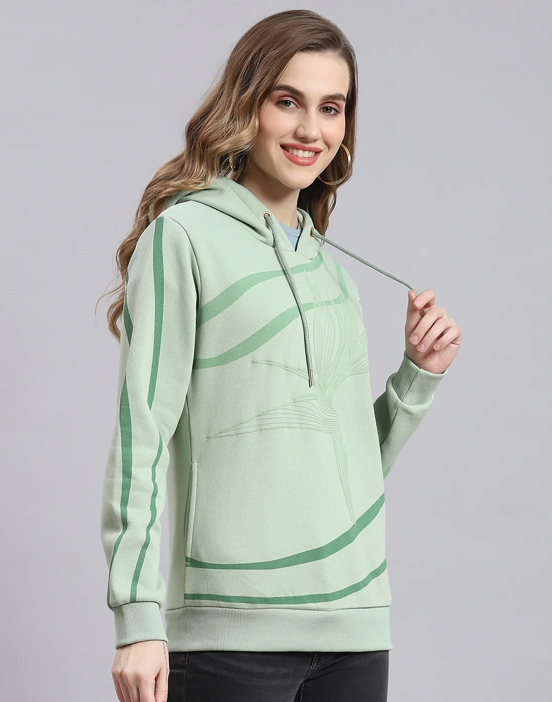 Women Green Printed Hooded Full Sleeve Sweatshirt - Image 4