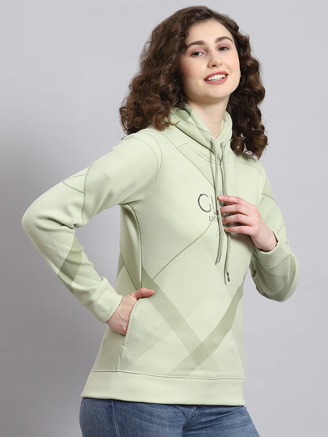 Women Green Printed Hooded Full Sleeve Sweatshirt - Image 4