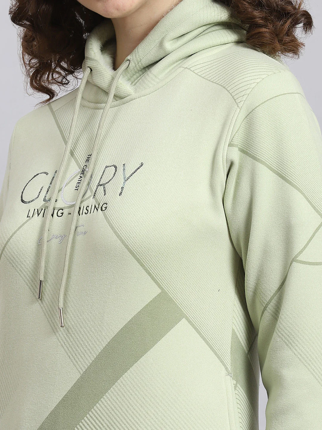 Women Green Printed Hooded Full Sleeve Sweatshirt - Image 6
