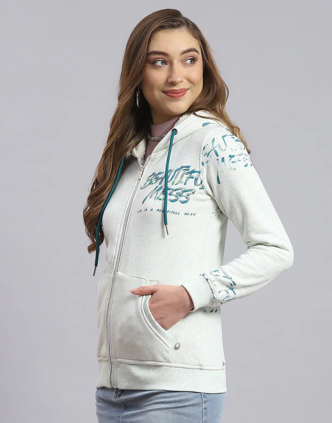 Women Green Printed Hooded Full Sleeve Sweatshirt - Image 3