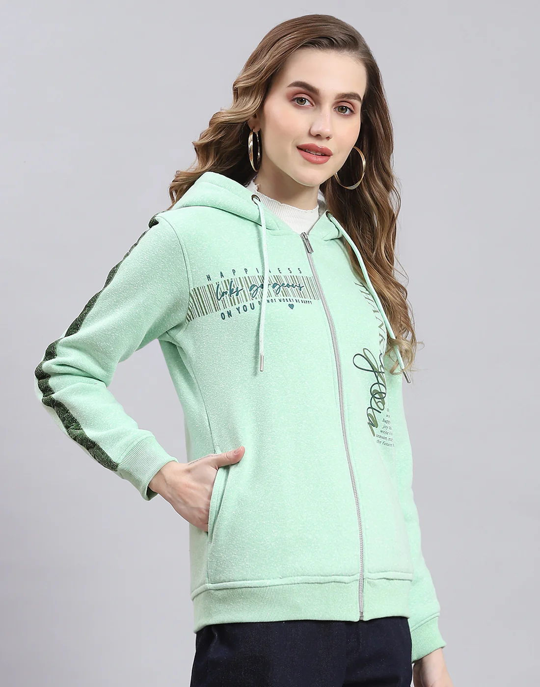 Women Green Printed Hooded Full Sleeve Sweatshirt - Image 4