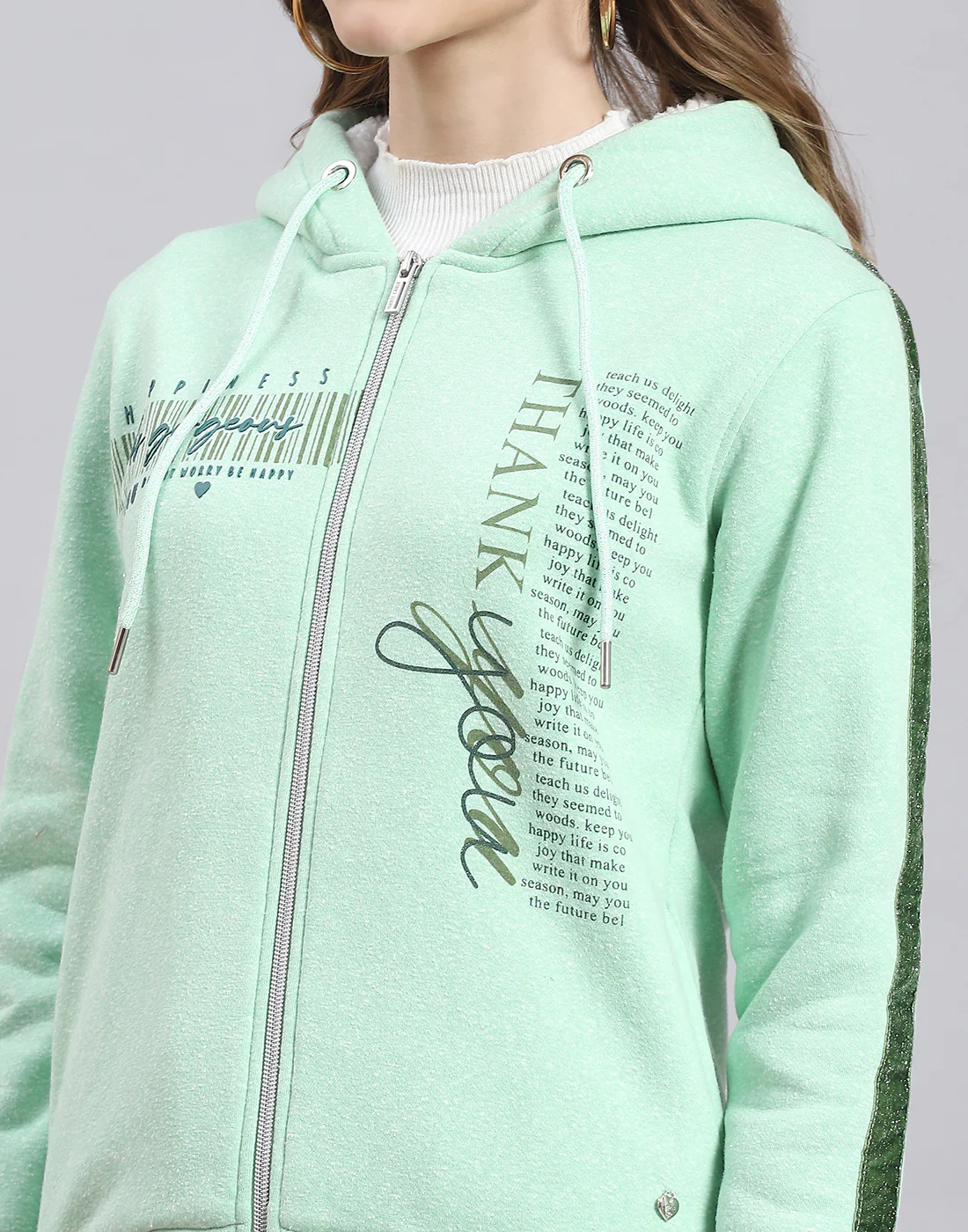 Women Green Printed Hooded Full Sleeve Sweatshirt - Image 6