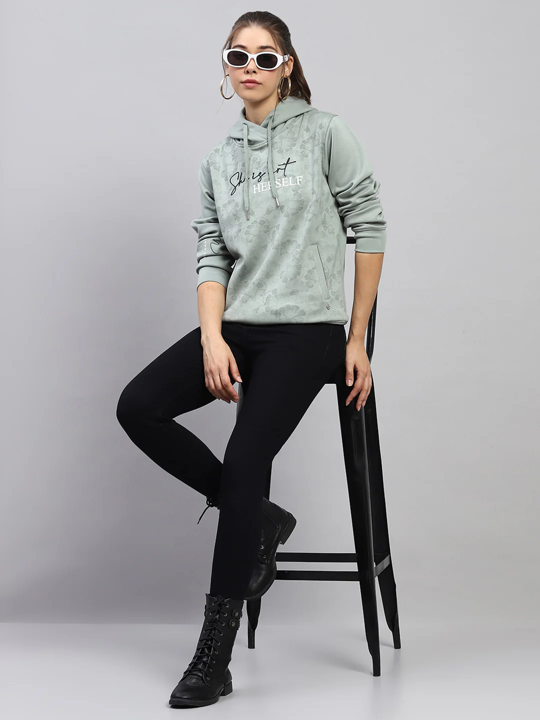 Women Green Printed Hooded Full Sleeve Sweatshirt - Image 2