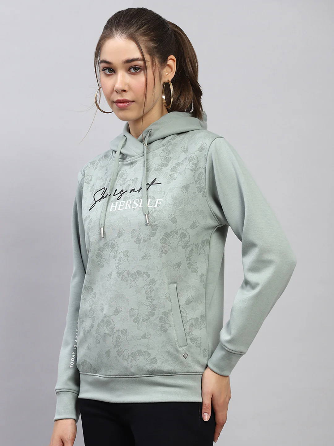 Women Green Printed Hooded Full Sleeve Sweatshirt - Image 3