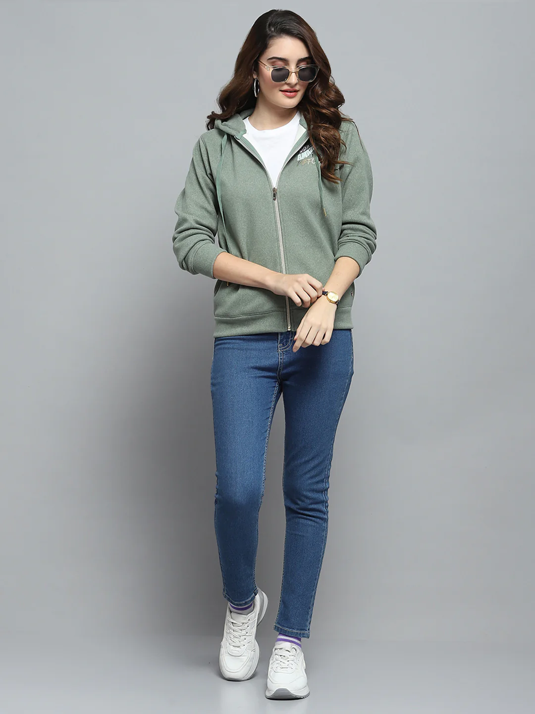 Women Green Printed Hooded Full Sleeve Sweatshirt - Image 2