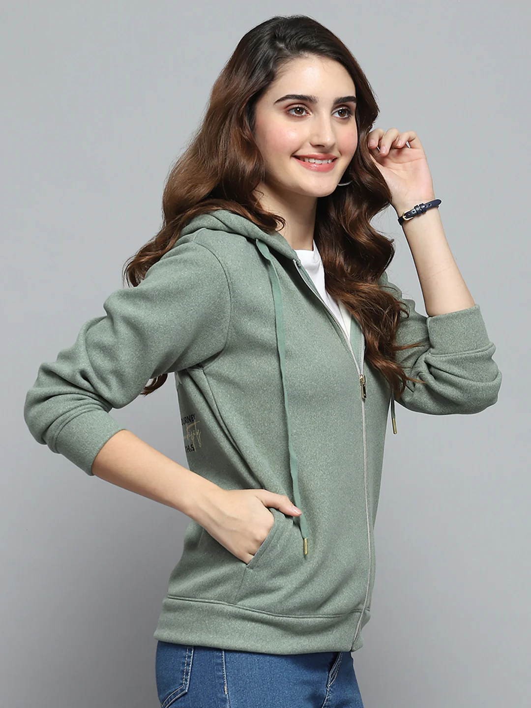 Women Green Printed Hooded Full Sleeve Sweatshirt - Image 4
