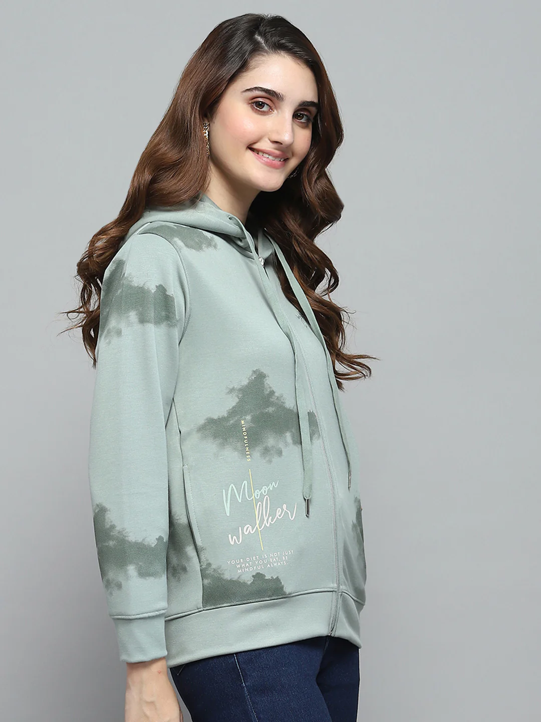 Women Green Printed Hooded Full Sleeve Sweatshirt - Image 4