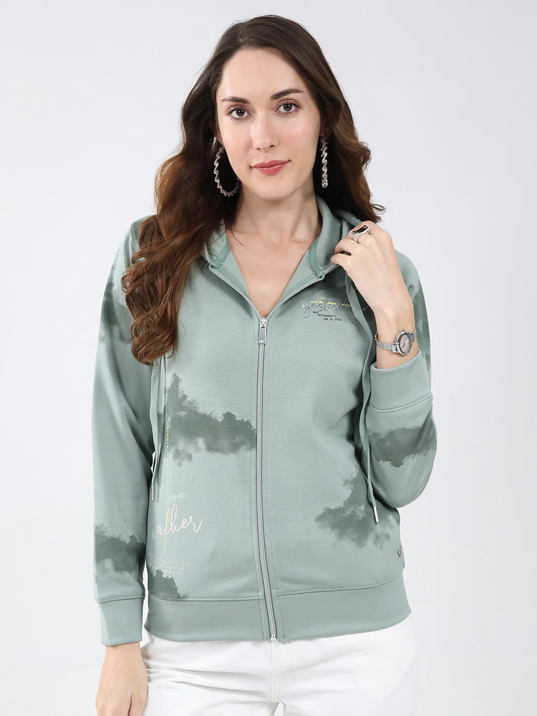 Women Green Printed Hooded Full Sleeve Sweatshirt