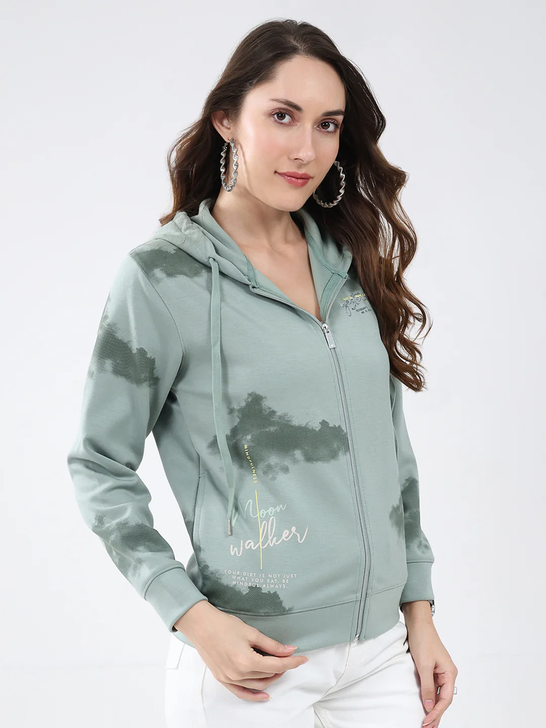 Women Green Printed Hooded Full Sleeve Sweatshirt - Image 4