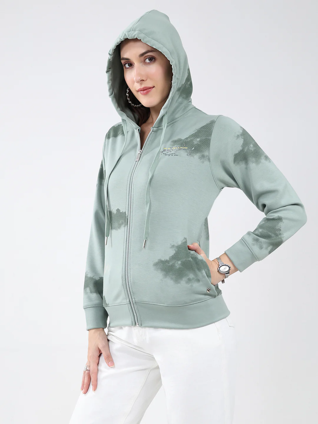 Women Green Printed Hooded Full Sleeve Sweatshirt - Image 7