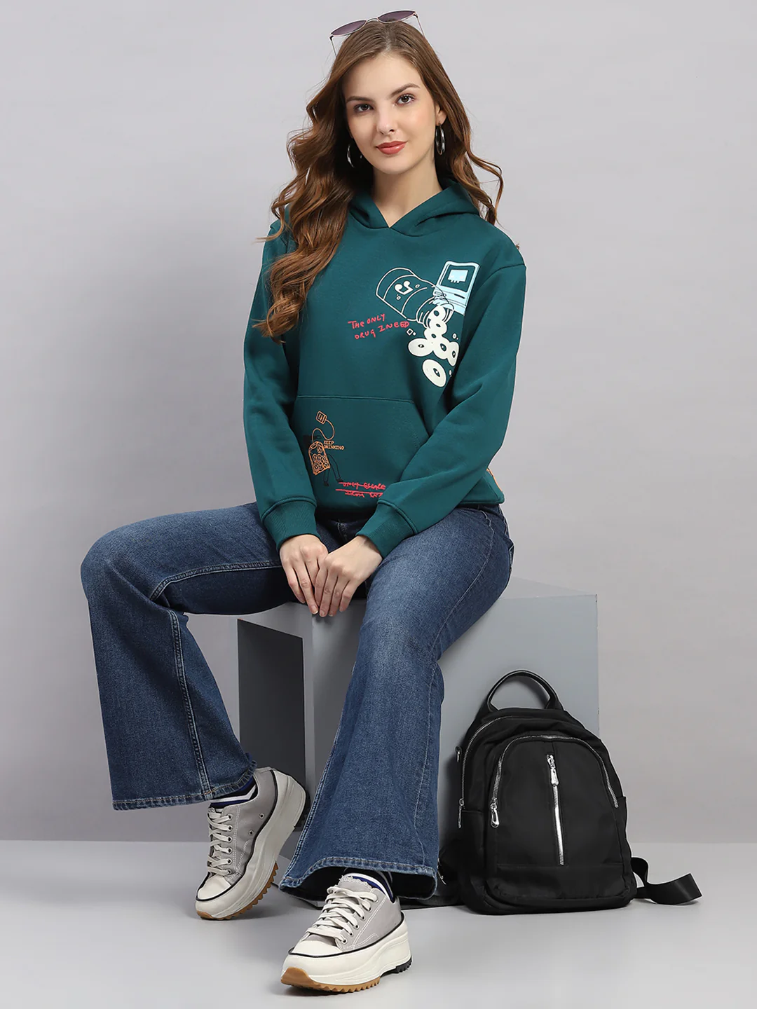 Women Green Printed Hooded Full Sleeve Sweatshirt - Image 2