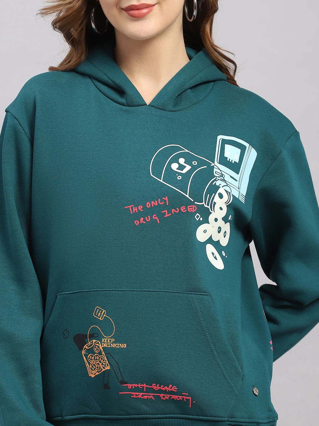 Women Green Printed Hooded Full Sleeve Sweatshirt - Image 6